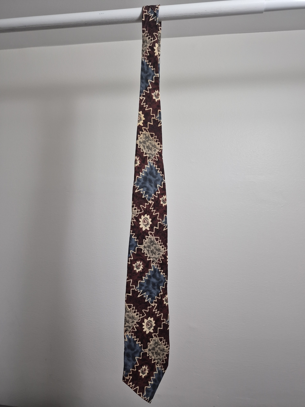 Classic Men's Geometric Tie in Burgundy, Blue & Tan 100%